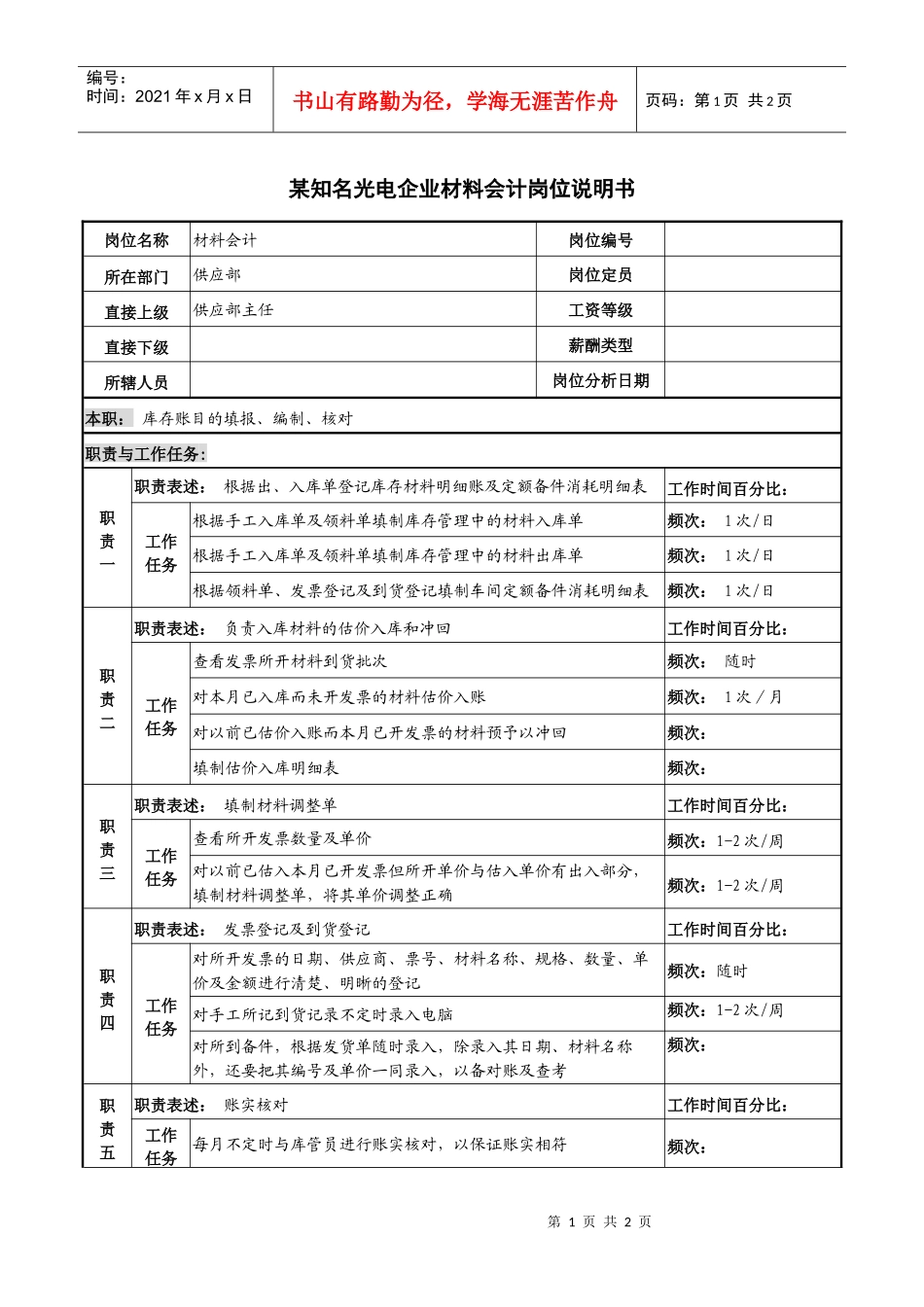 某知名光电企业材料会计岗位说明书_第1页