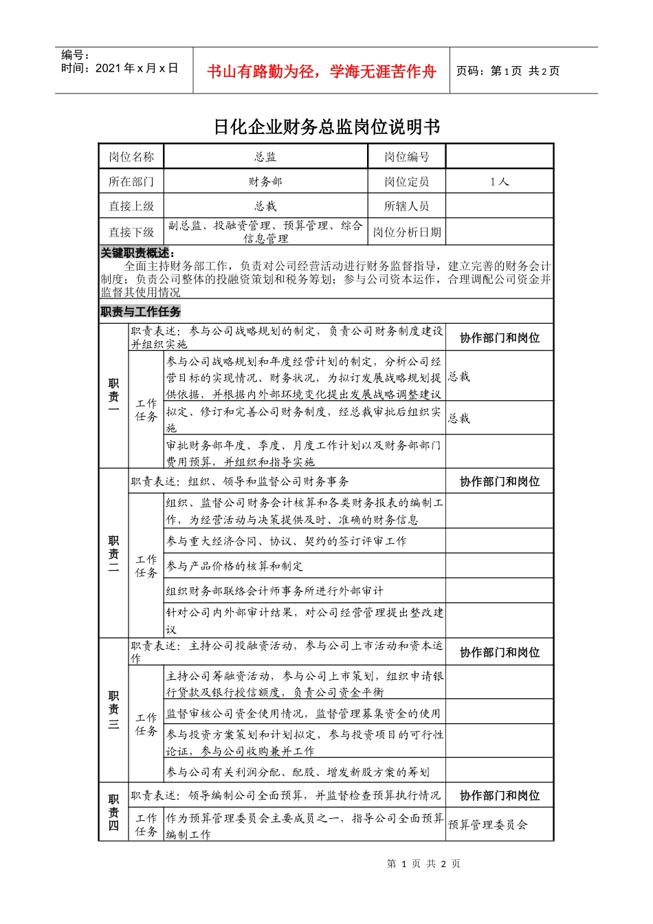 日化企业财务总监岗位说明书_第1页