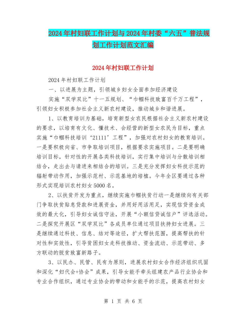 2024年村妇联工作计划与2024年村委“六五”普法规划工作计划范文汇编_第1页