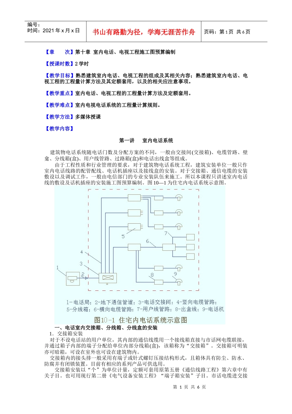 第十章 室内电话、电视工程施工图预算编制_第1页