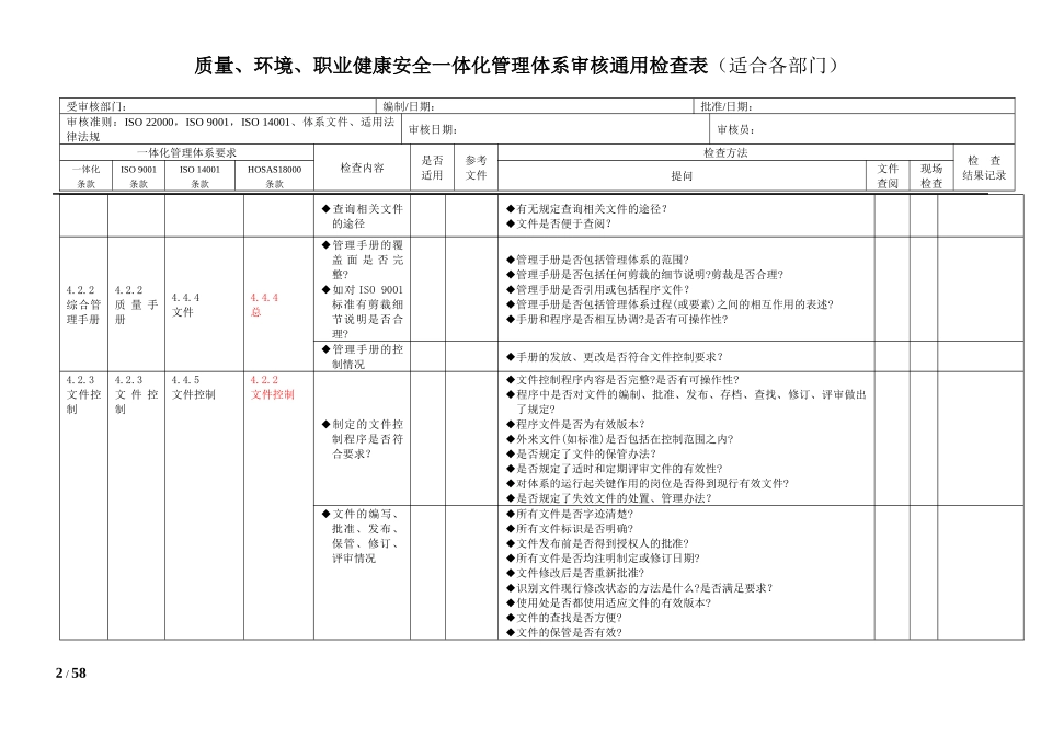 质量、环境和职业健康安全管理体系一体化内审通用检查表_第2页