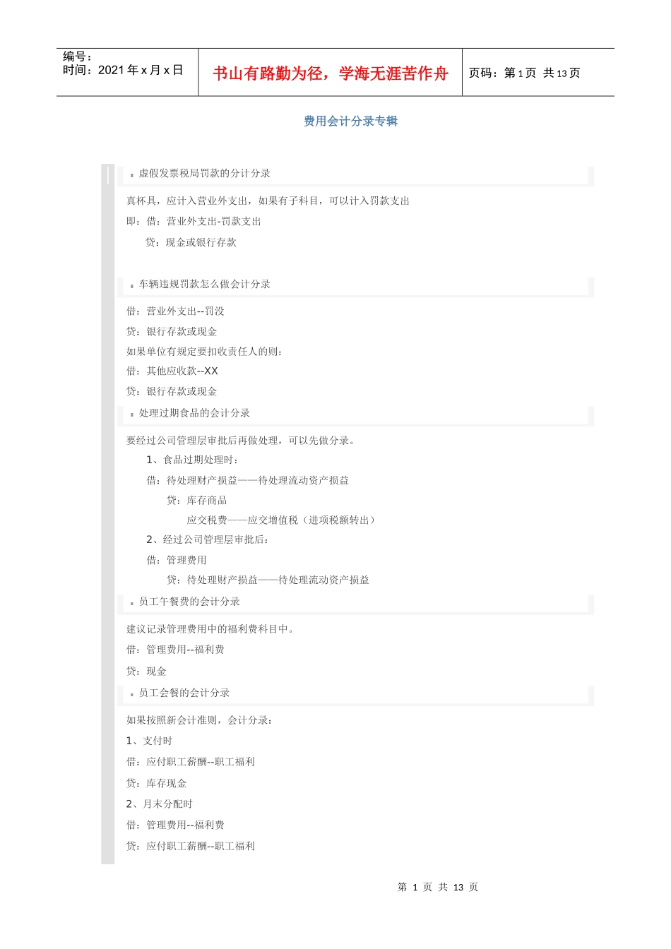 费用会计分录大全_第1页