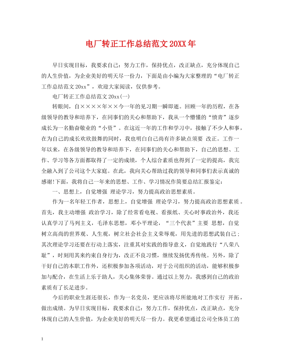 电厂转正工作总结范文20XX年 _第1页