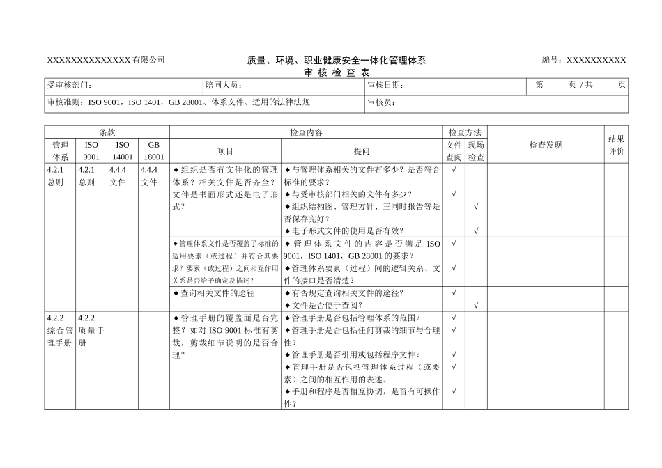 质量、环境和职业健康安全管理体系审核检查表_第1页