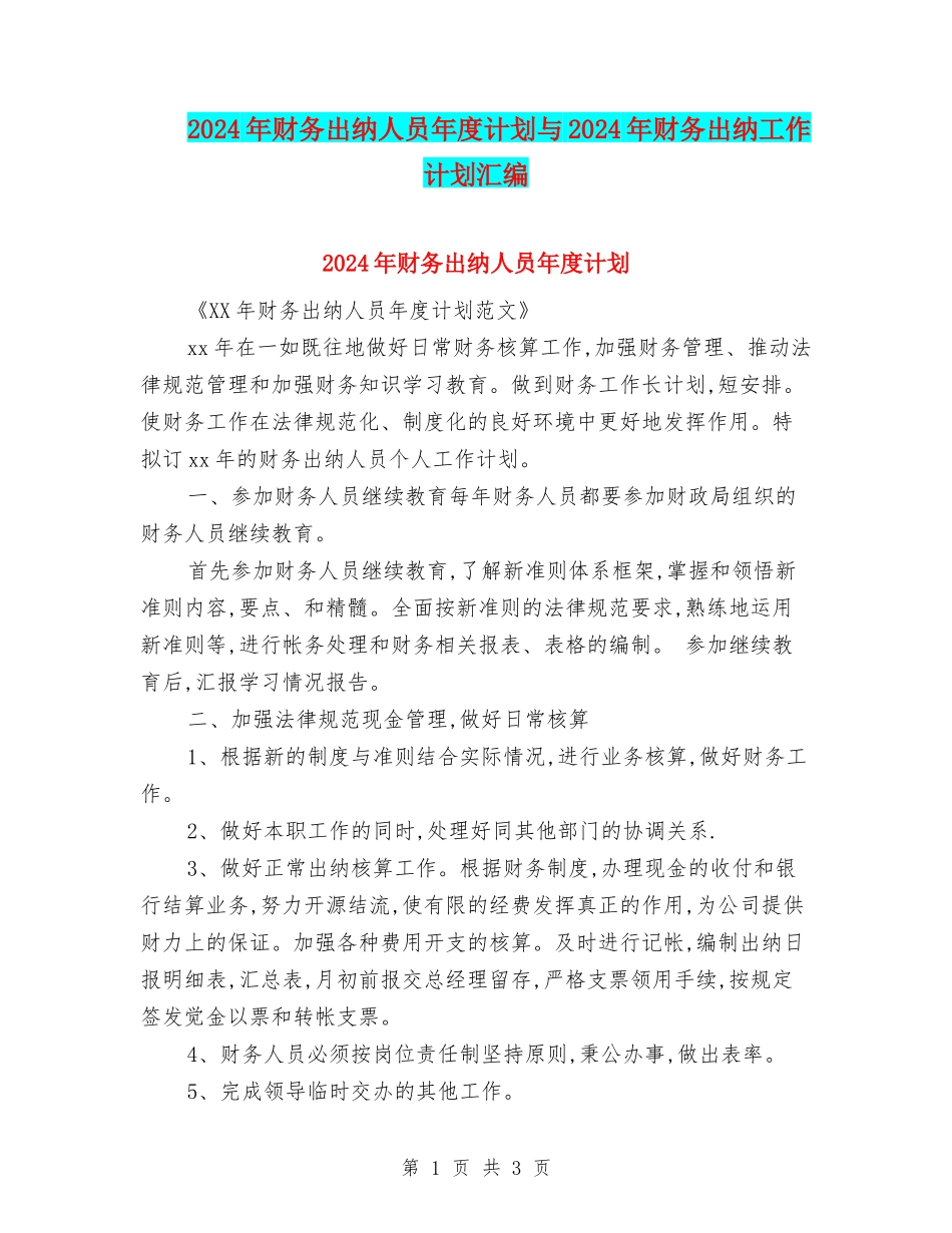 2024年财务出纳人员年度计划与2024年财务出纳工作计划汇编_第1页