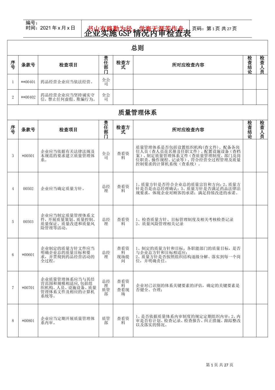新版GSP内审检查表(DOC34页)_第1页