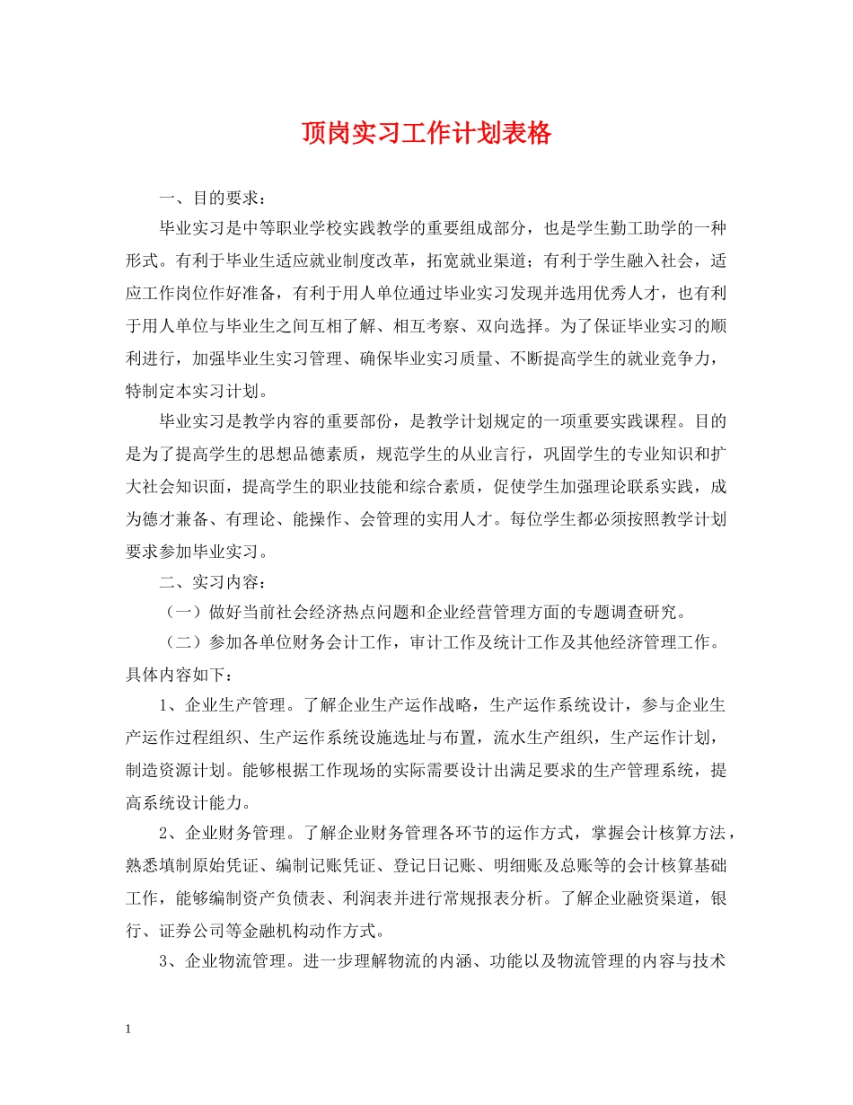 顶岗实习工作计划表格 _第1页