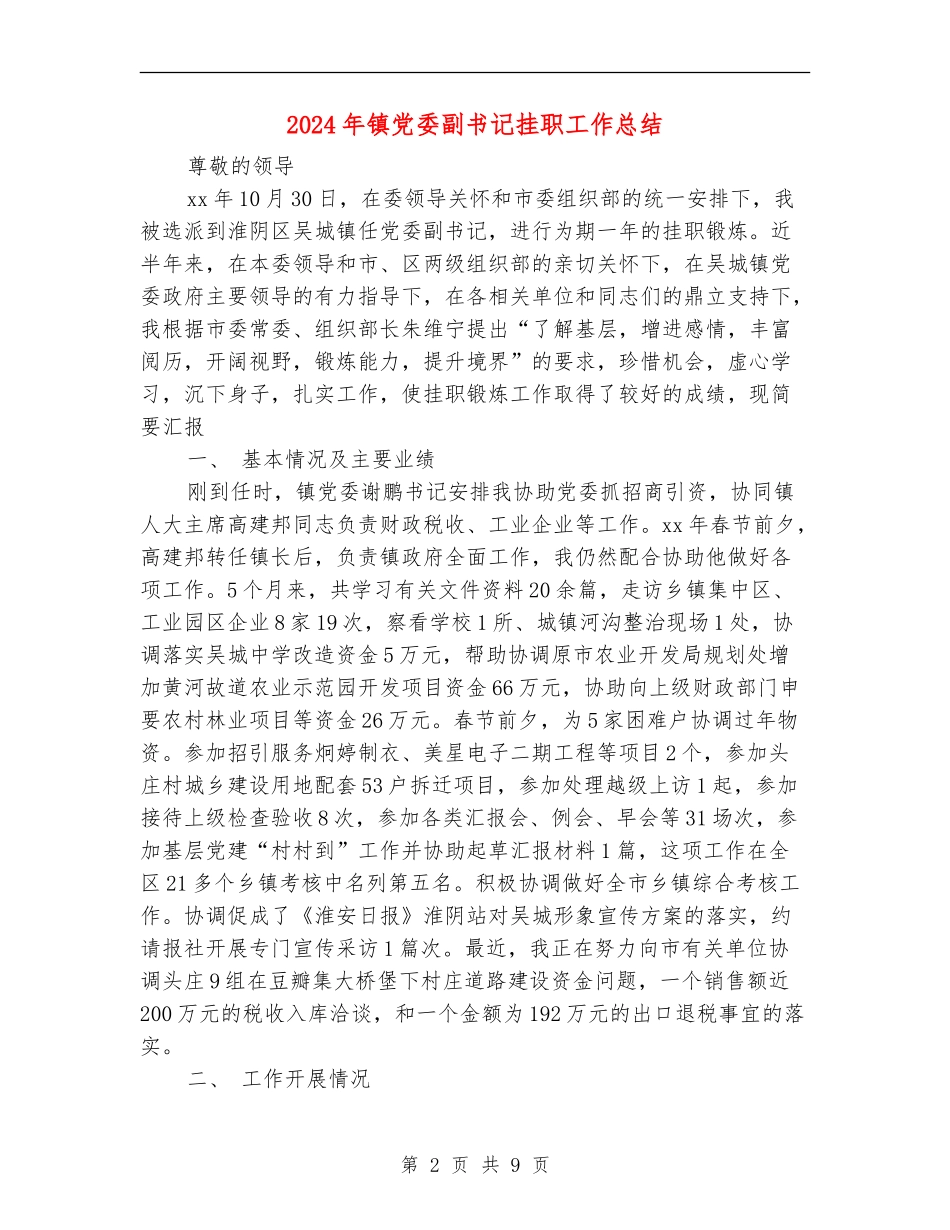 2024年镇党委副书记挂职工作总结_第2页