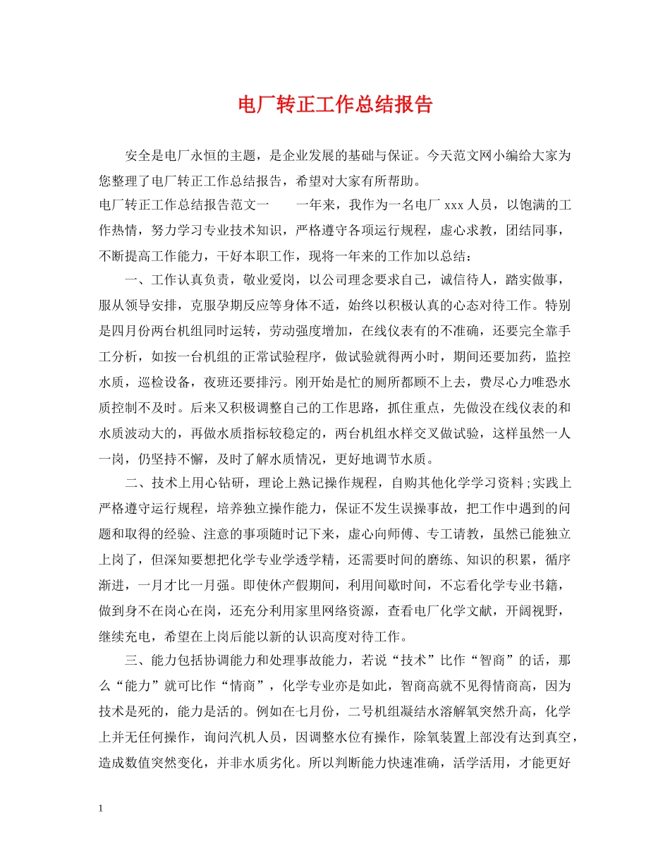 电厂转正工作总结报告 _第1页