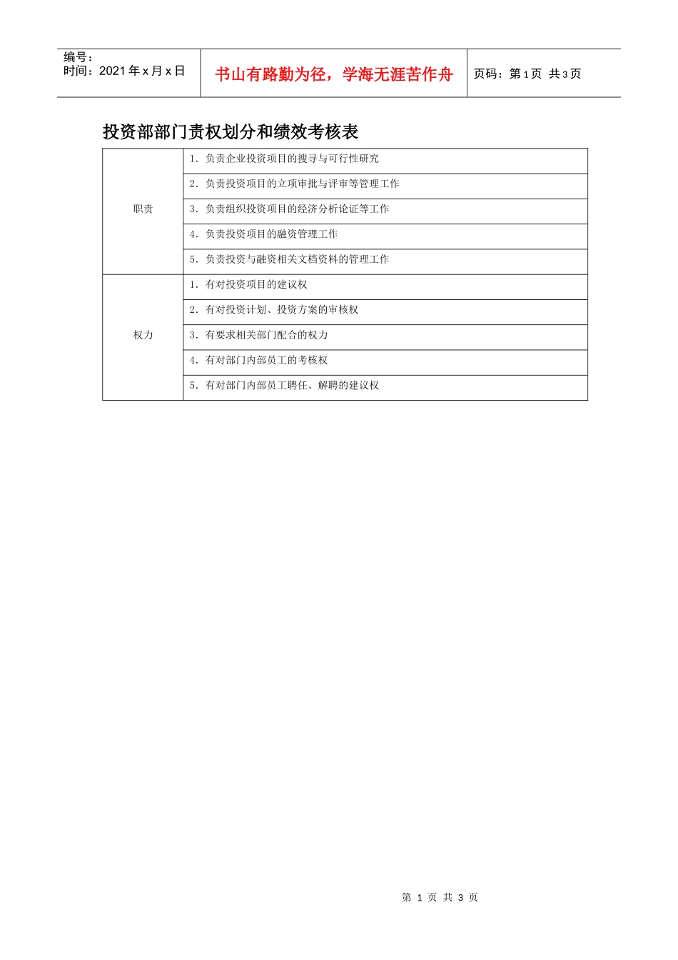 部门责权划分和绩效考核——投资部_第1页