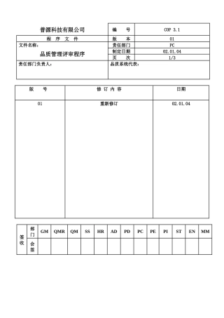 质量体系编写表格COP3-1
