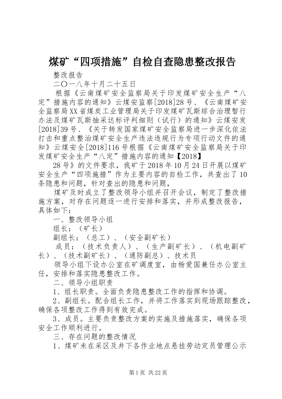 煤矿“四项措施”自检自查隐患整改报告_第1页