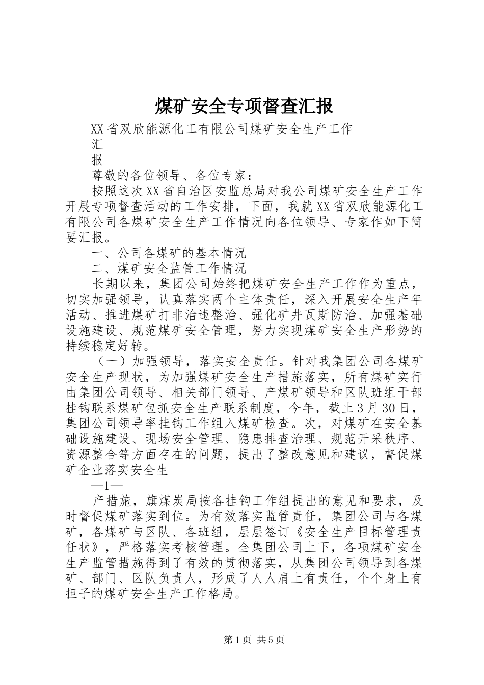 煤矿安全专项督查汇报_第1页