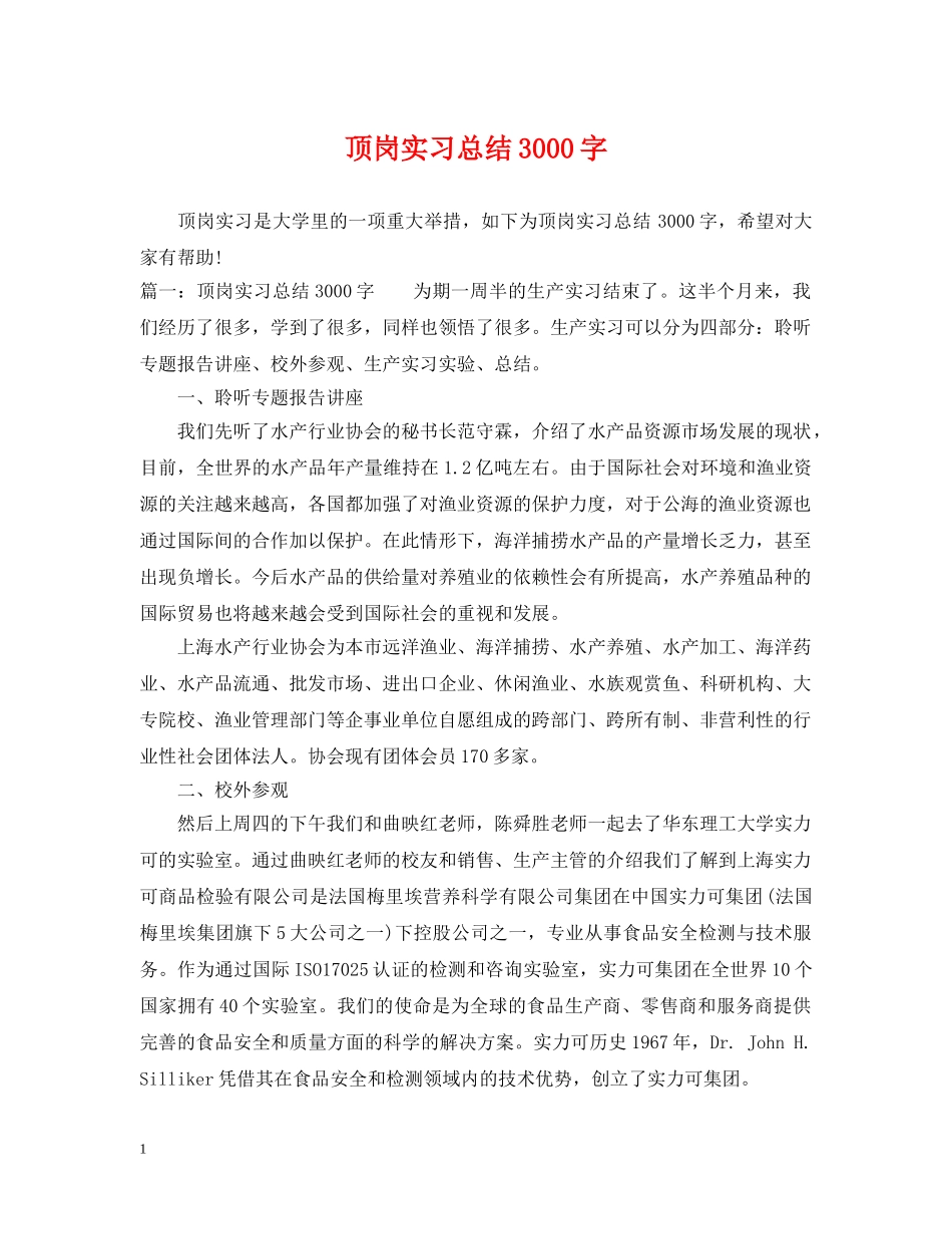 顶岗实习总结3000字 _第1页