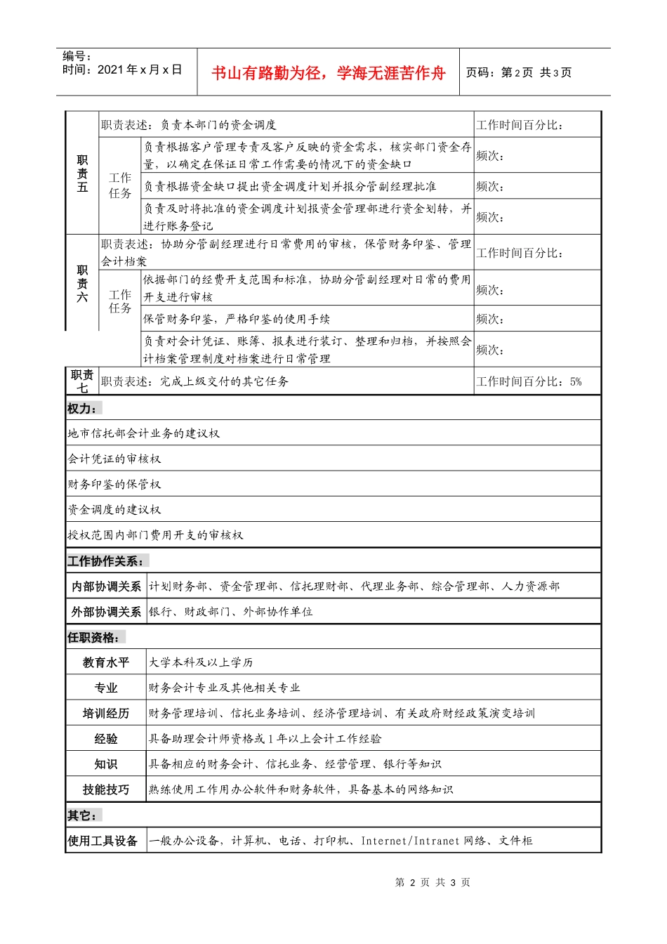 投资公司地市信托部会计职务说明_第2页