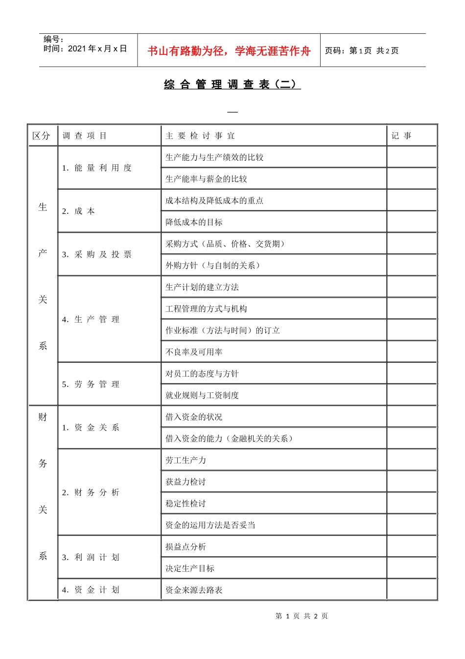 【财务表格】综合管理调查表（二）_第1页