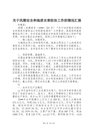 关于汛期安全和地质灾害防治工作的情况汇报