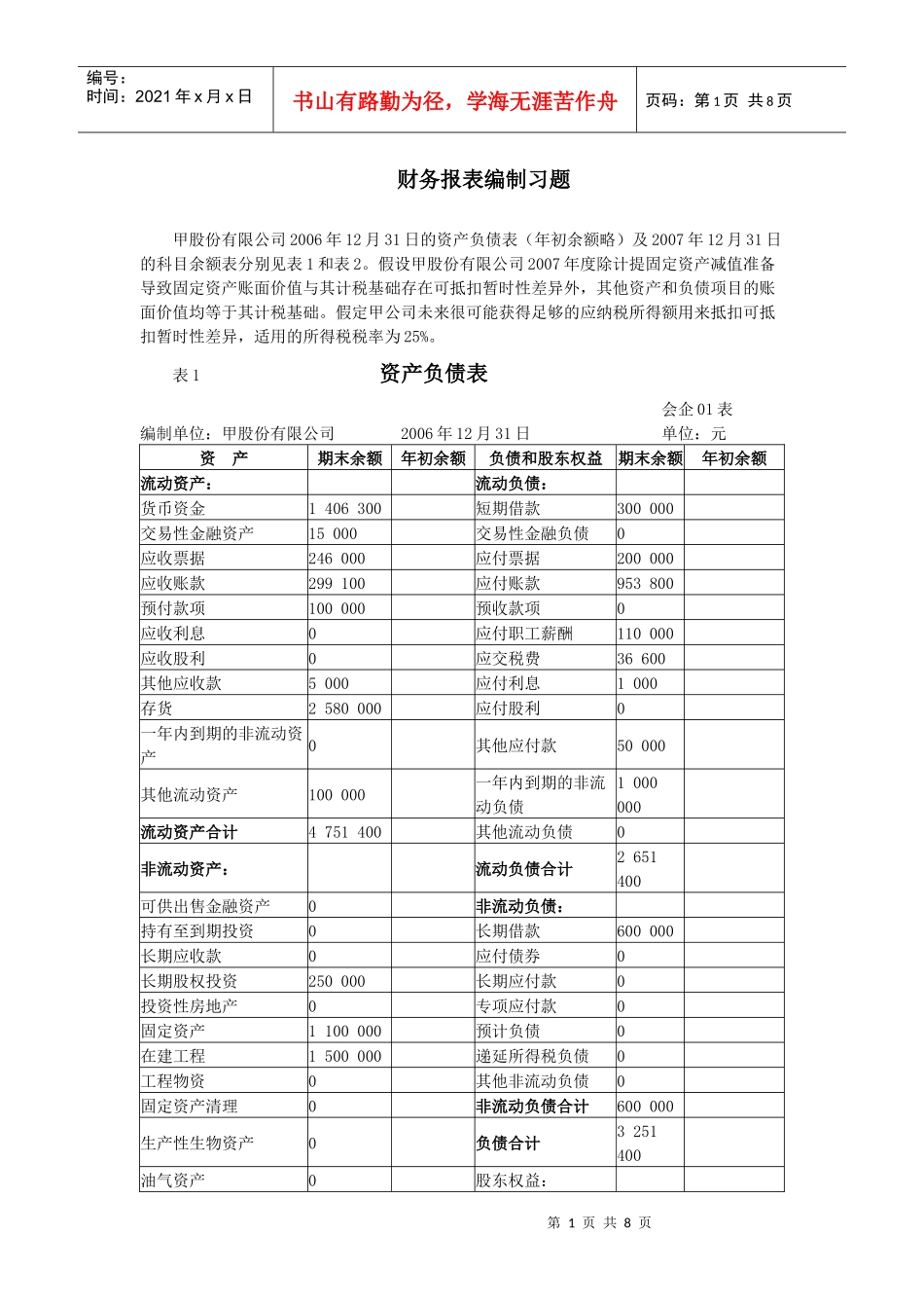 财务会计报表练习题_第1页