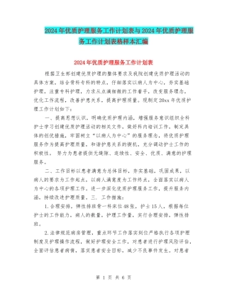 2024年优质护理服务工作计划表与2024年优质护理服务工作计划表格样本汇编