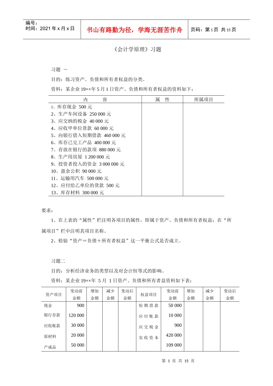 《会计学原理》习题A_第1页