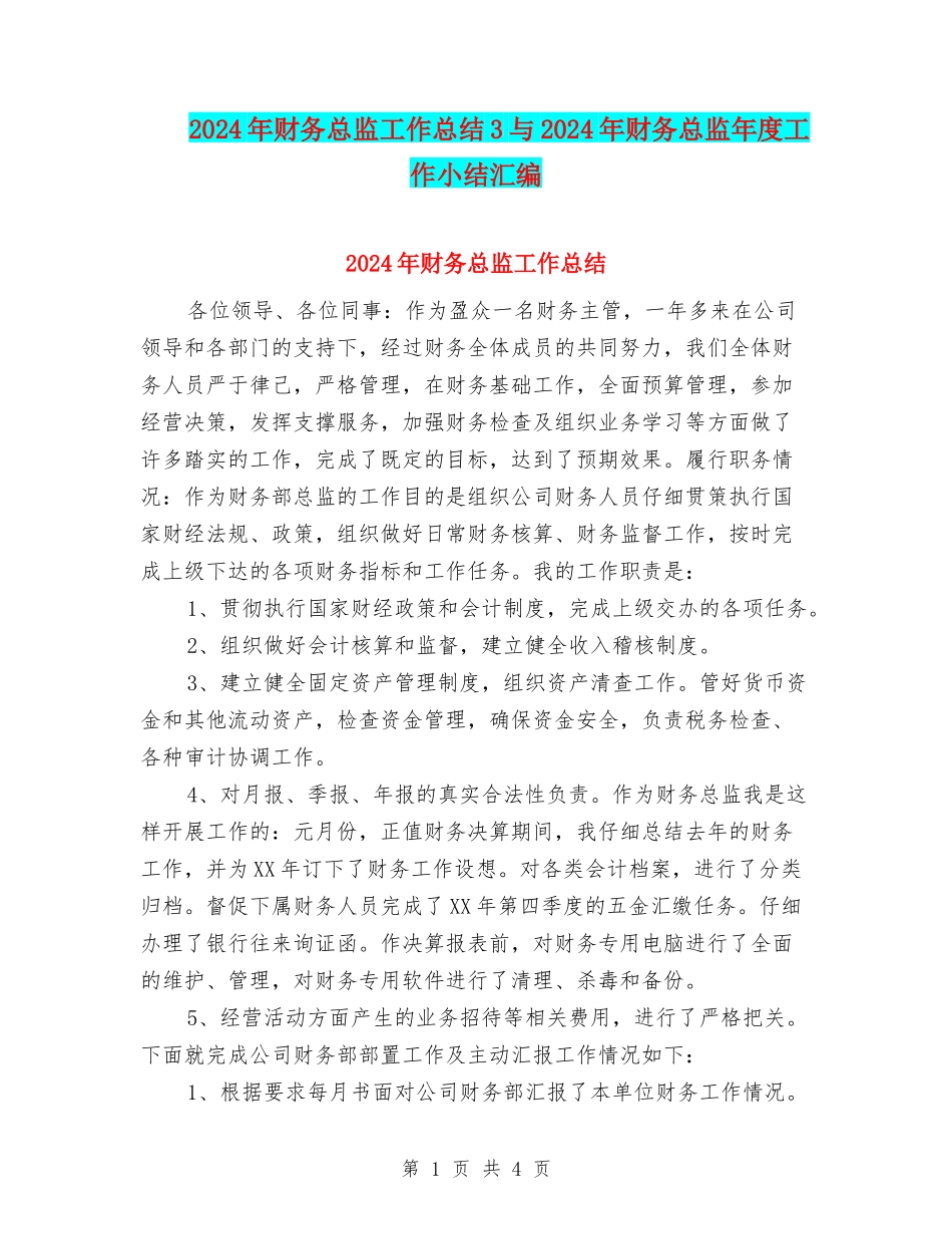 2024年财务总监工作总结3与2024年财务总监年度工作小结汇编_第1页