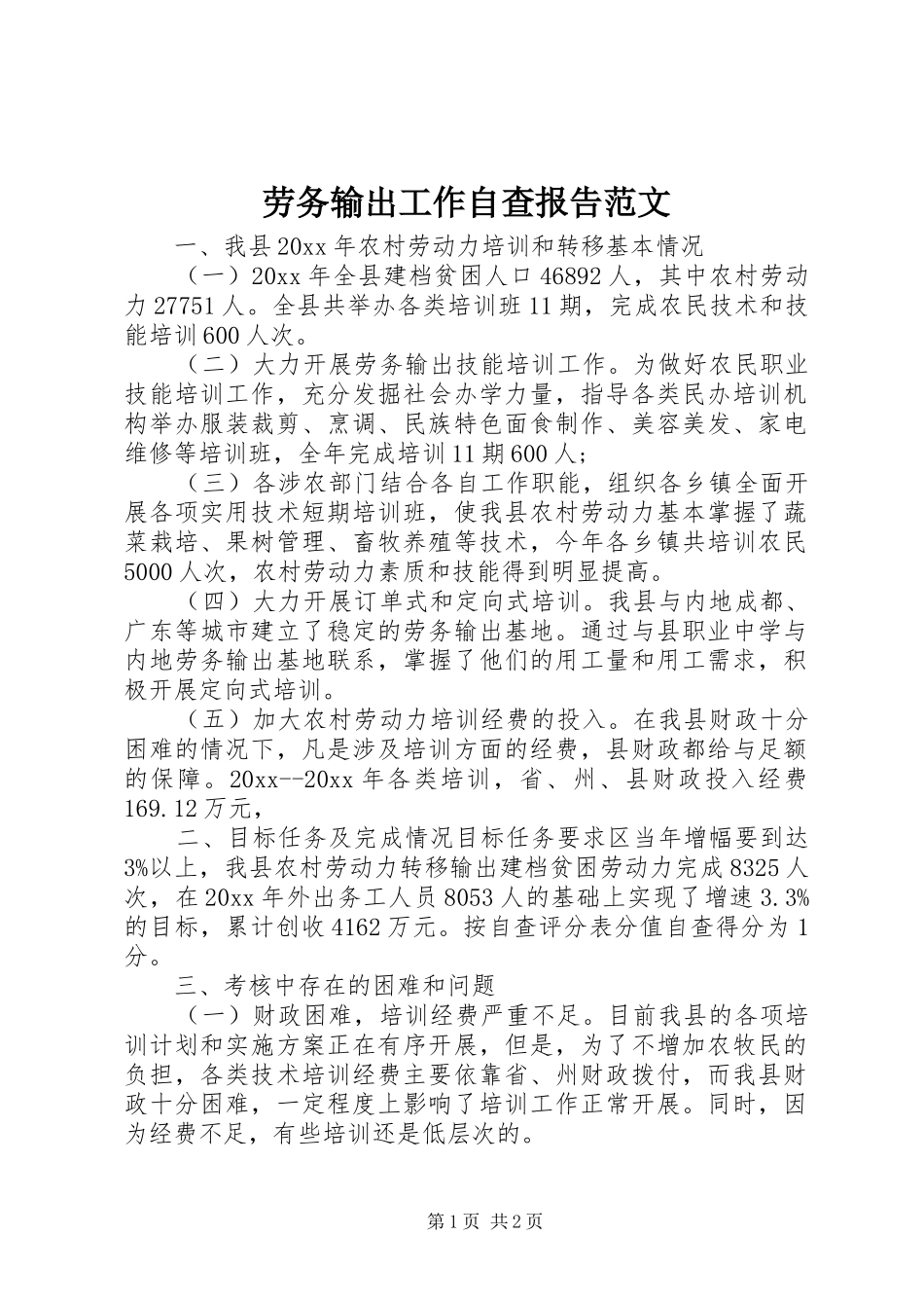 劳务输出工作自查报告范文_第1页