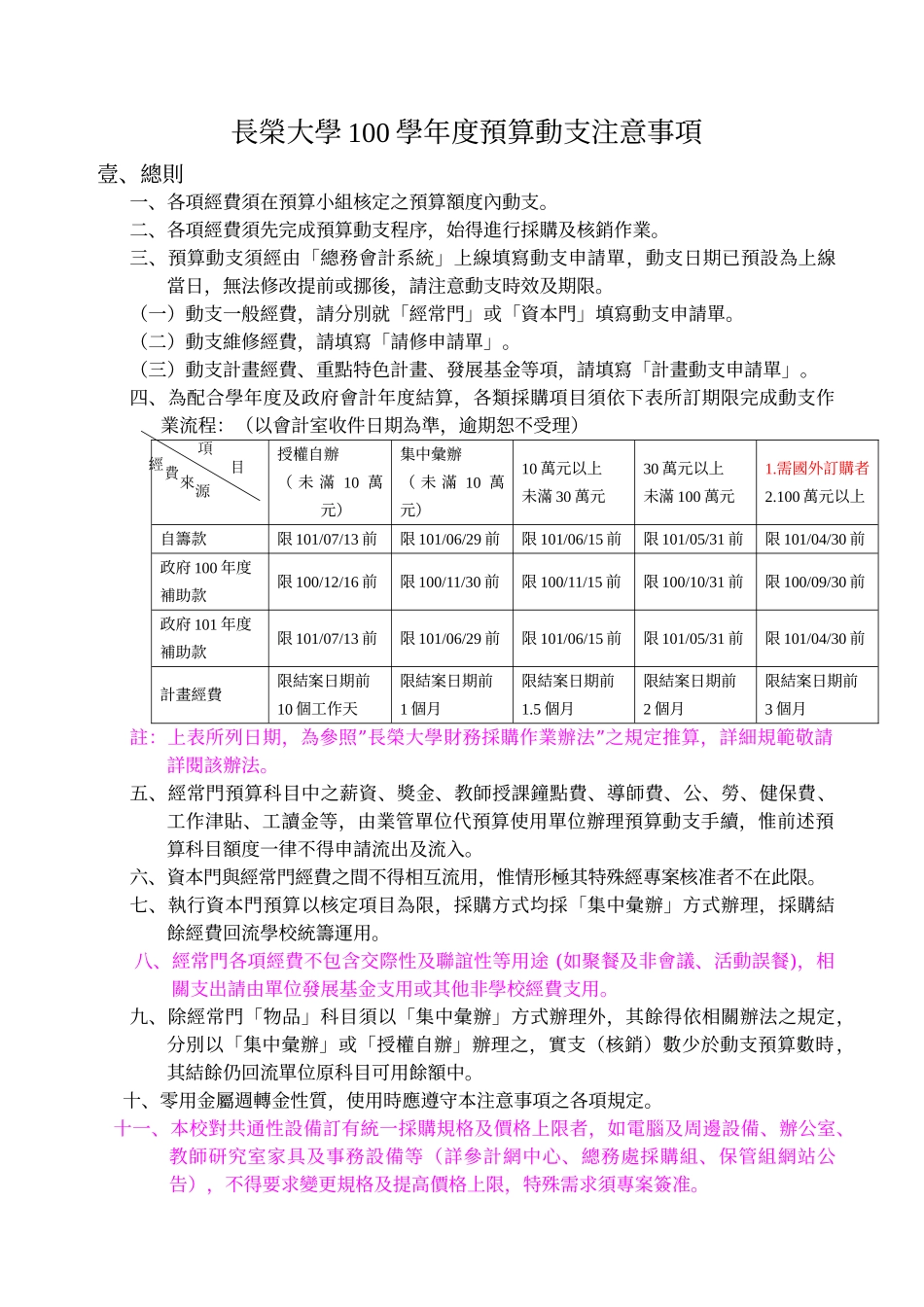 长荣大学100学年度预算动支注意事项_第1页