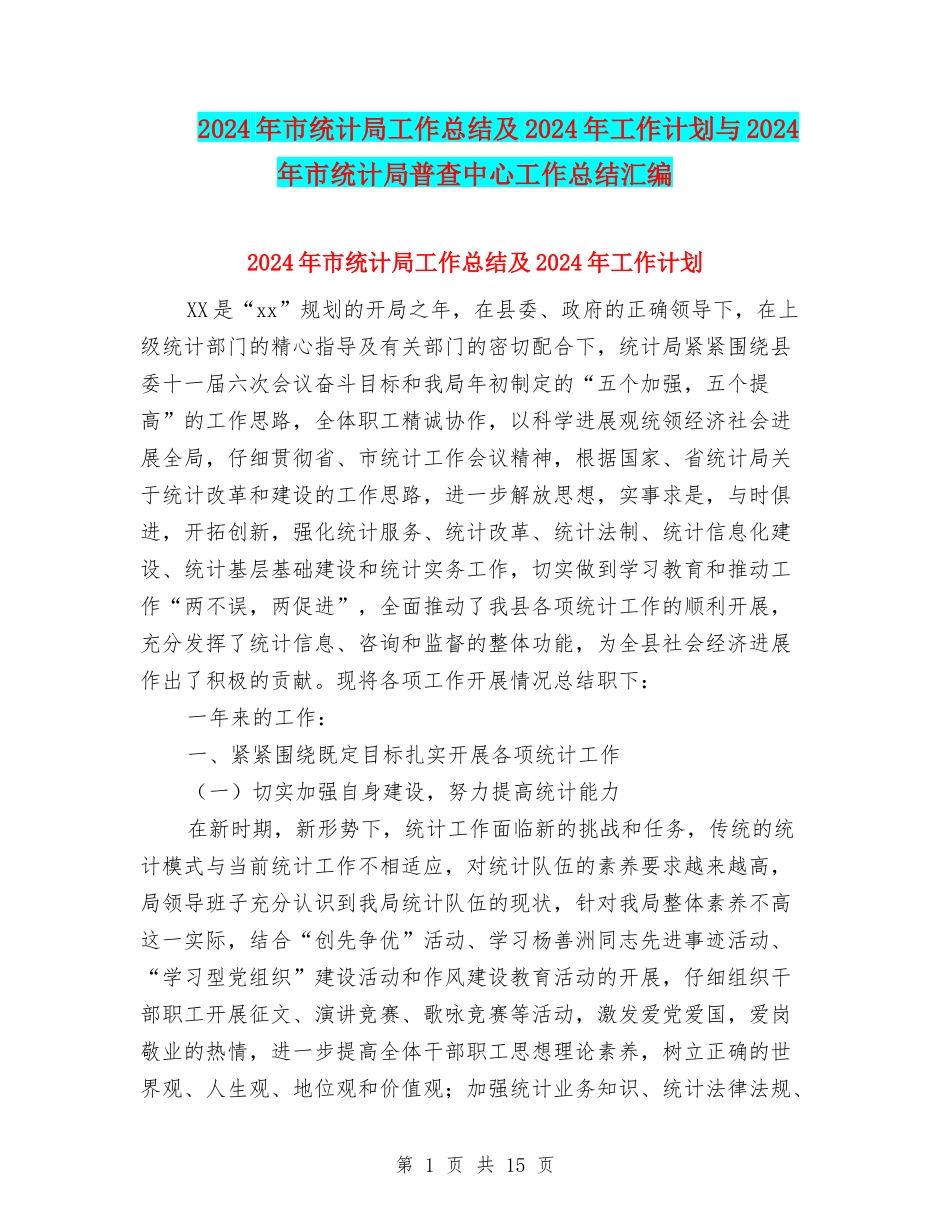 2024年市统计局工作总结及2024年工作计划与2024年市统计局普查中心工作总结汇编_第1页