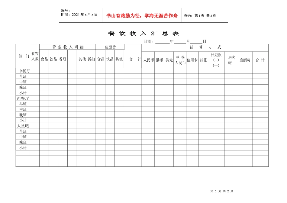 财务部系列表单-餐饮收入汇总表_第1页