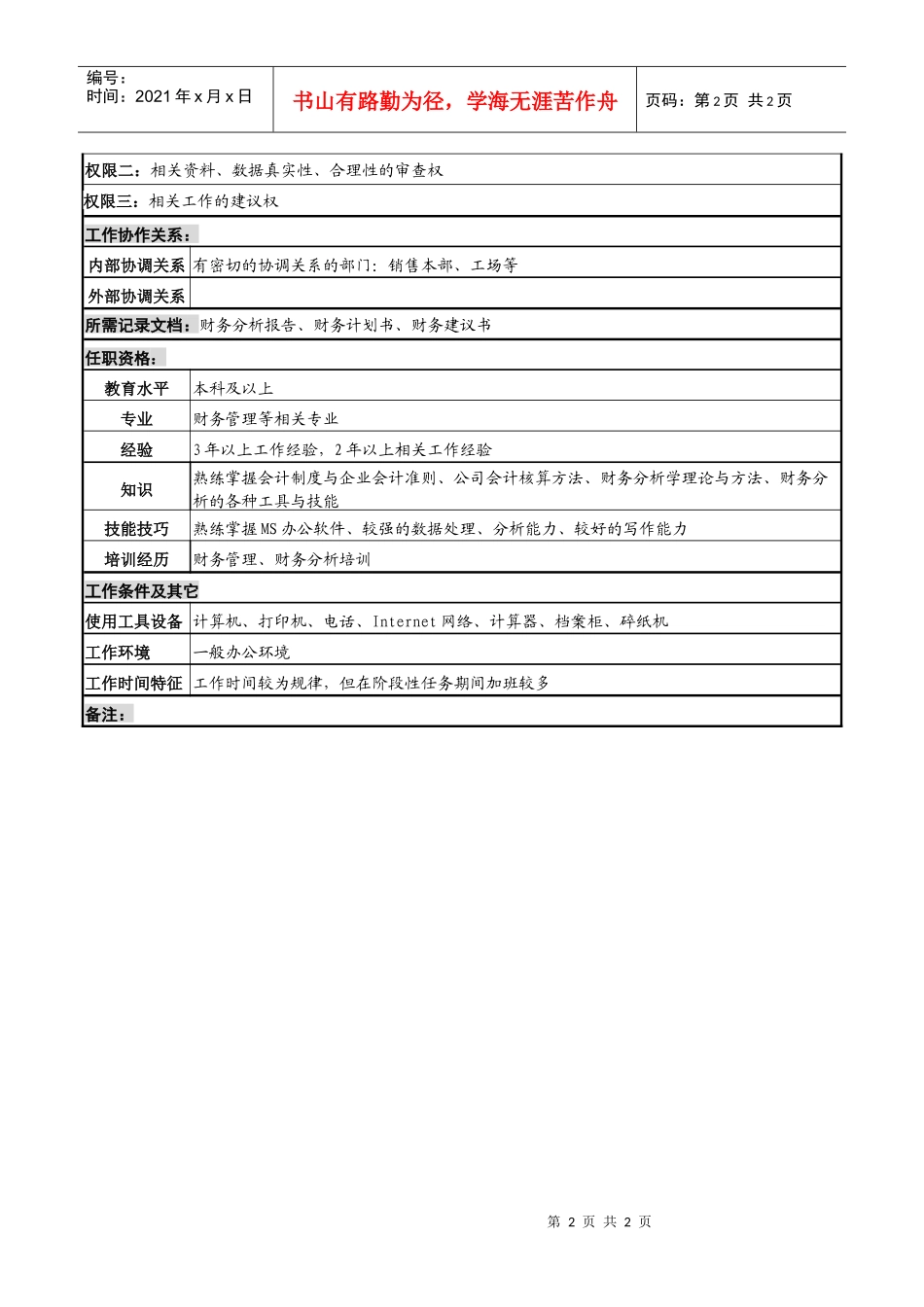 化妆品公司财务分析岗岗位说明书_第2页