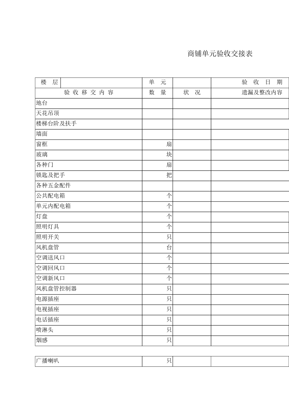 商铺单元验收交接表1_第1页
