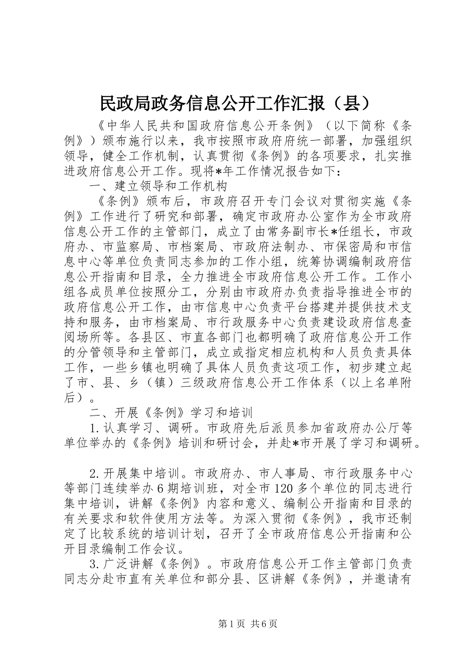 民政局政务信息公开工作汇报（县）_第1页