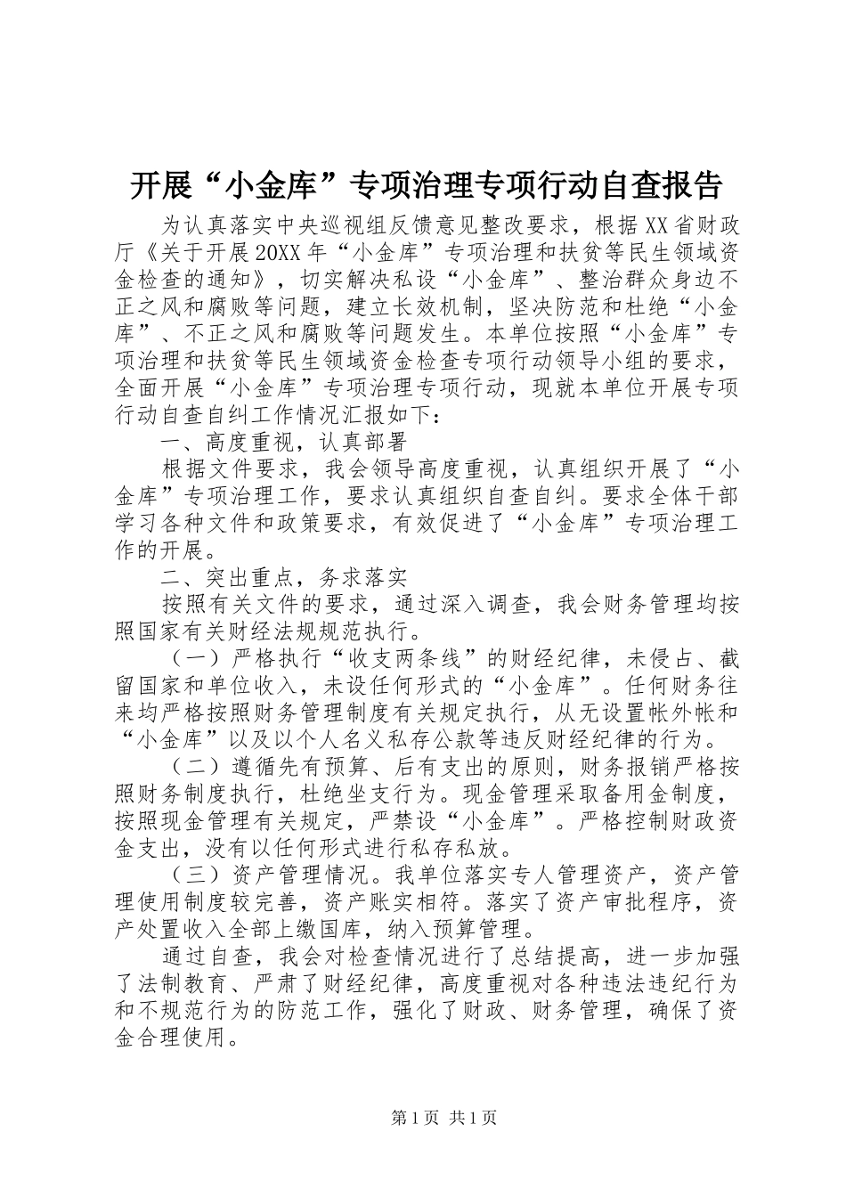 开展“小金库”专项治理专项行动自查报告_第1页