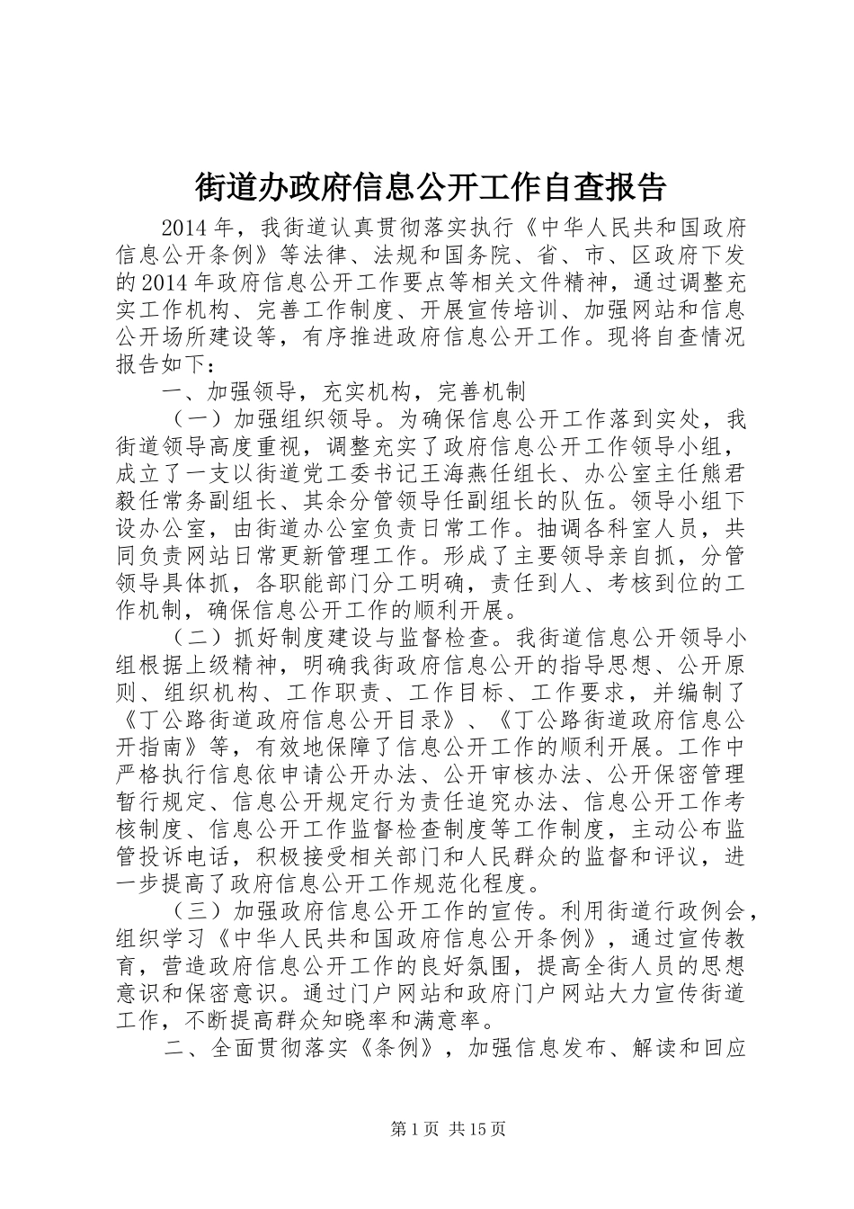 街道办政府信息公开工作自查报告_第1页