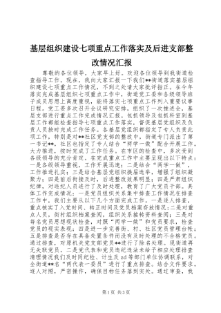 基层组织建设七项重点工作落实及后进支部整改情况汇报