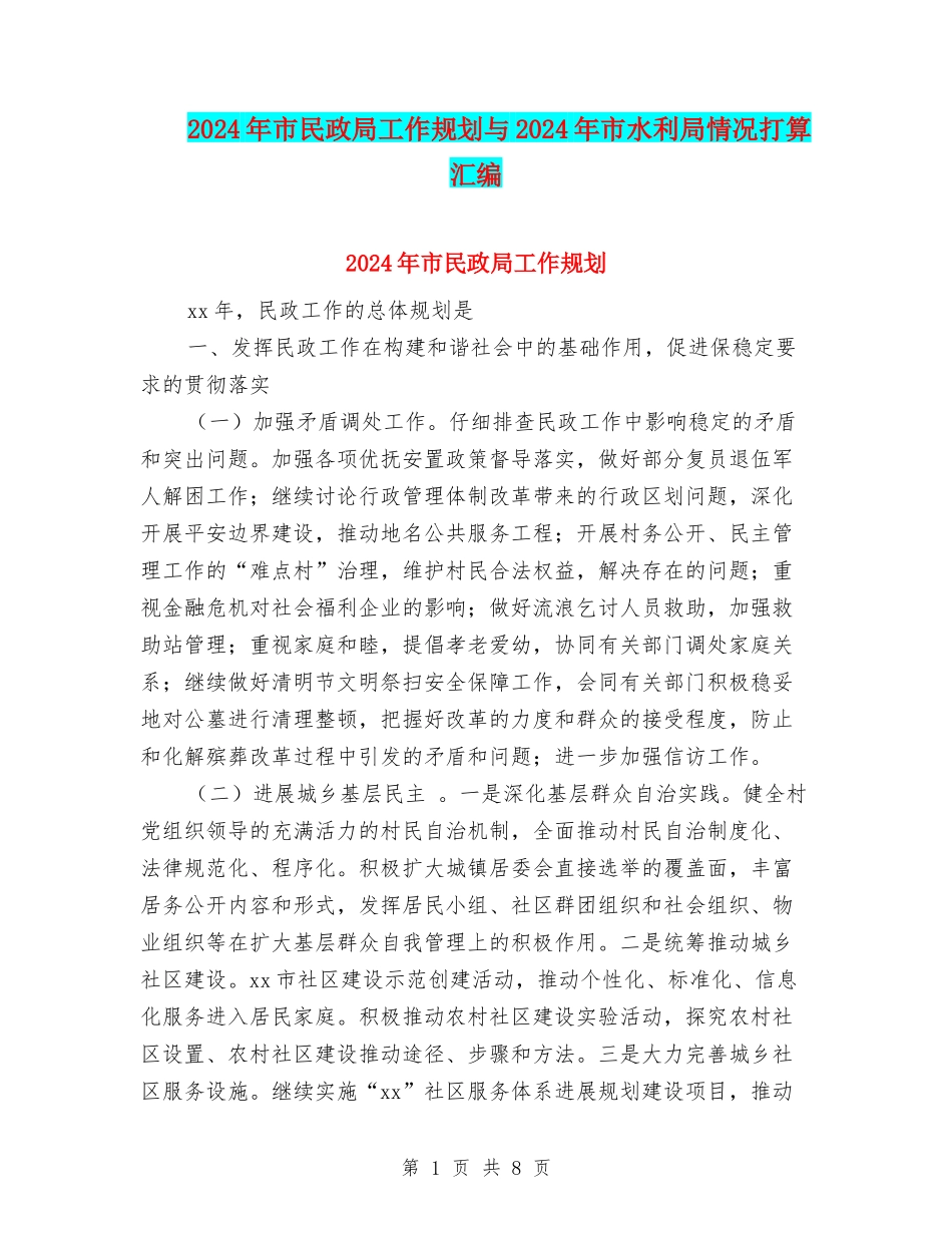 2024年市民政局工作规划与2024年市水利局情况打算汇编_第1页