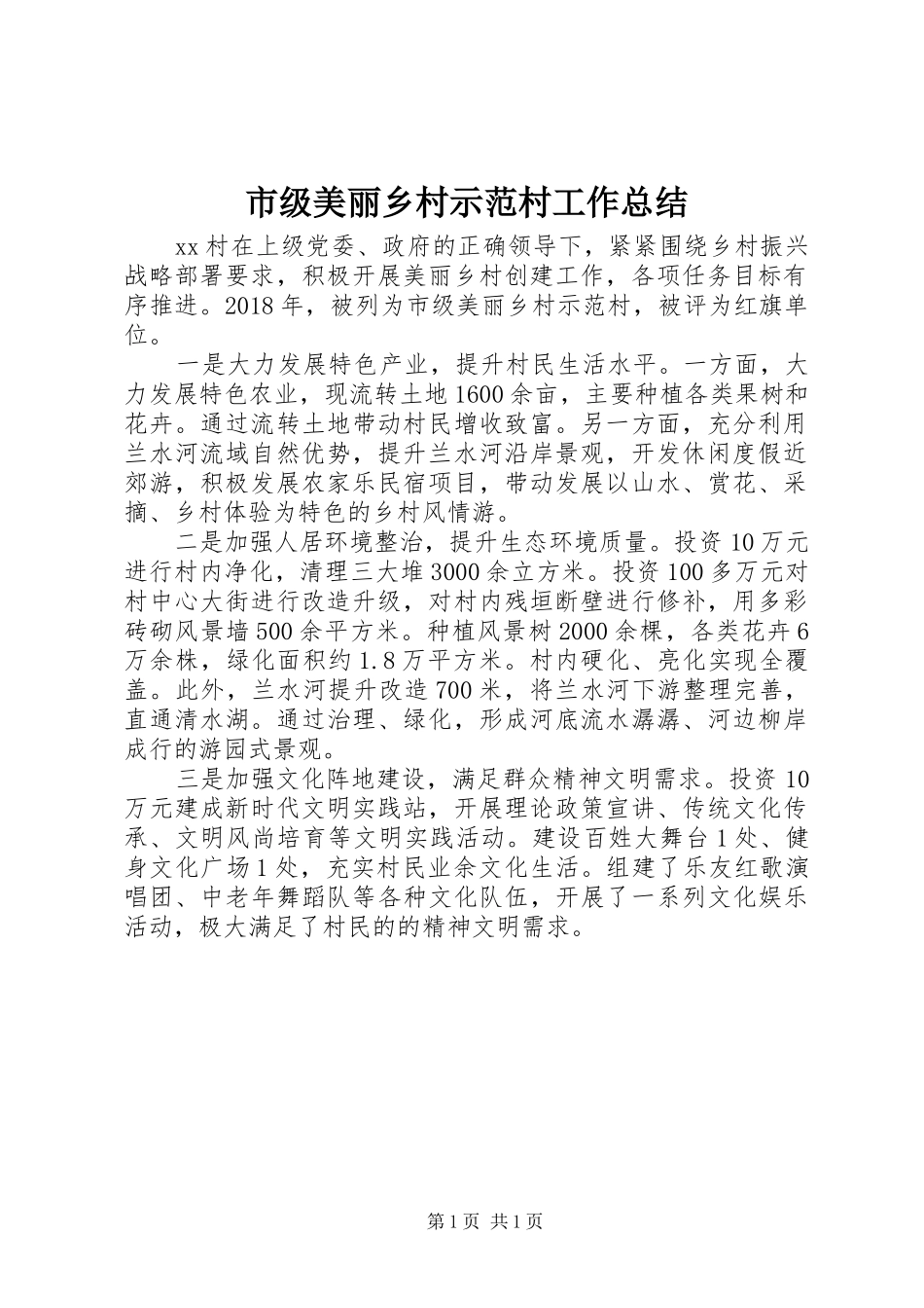 市级美丽乡村示范村工作总结_第1页