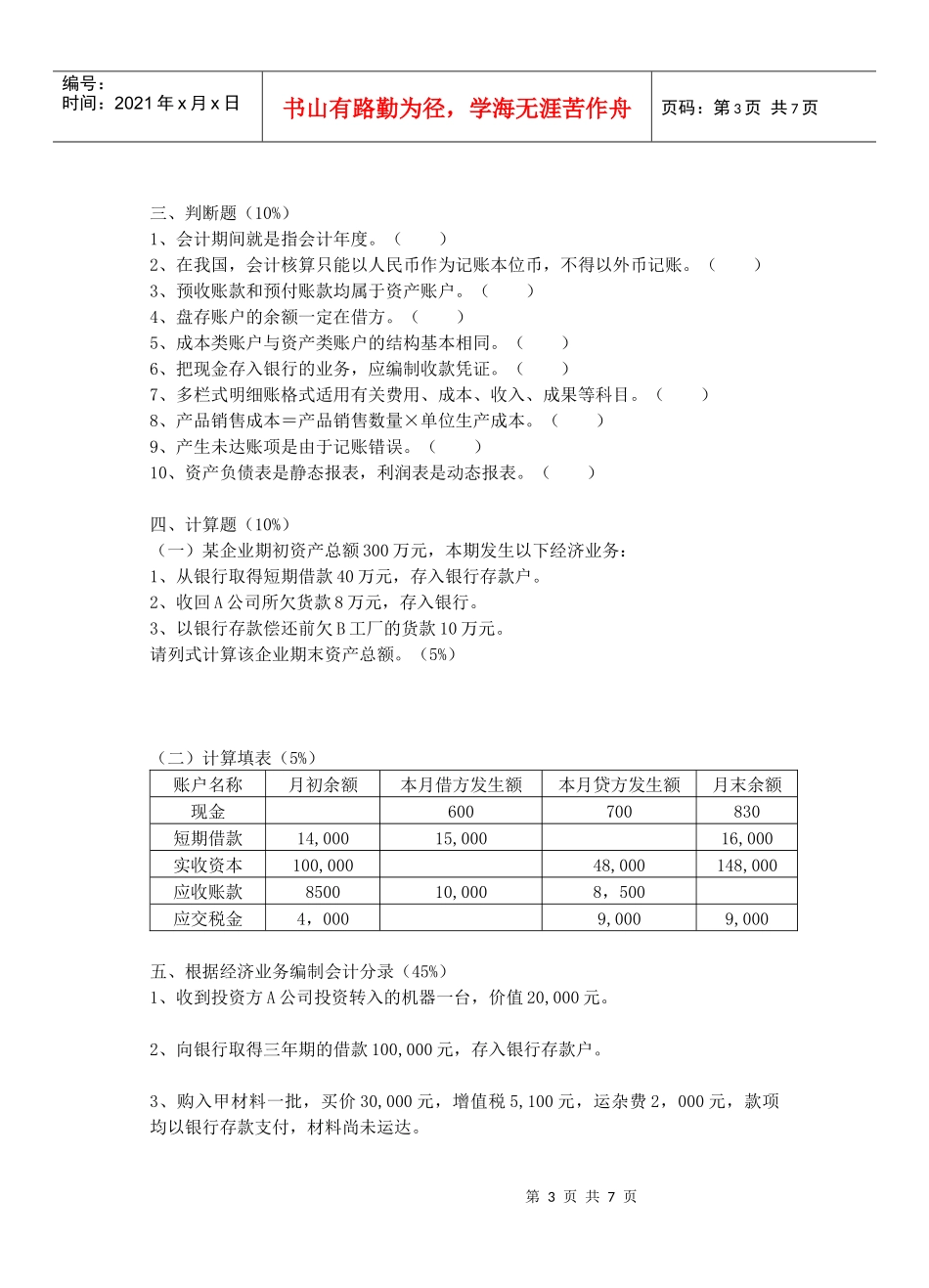泉州华侨职业中专学校基础会计会考试卷_第3页