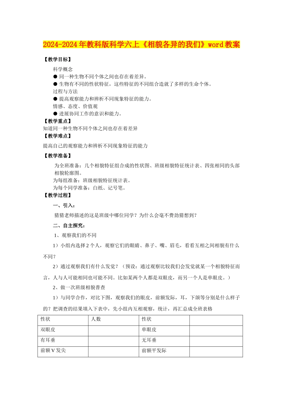 2024-2024年教科版科学六上《相貌各异的我们》word教案_第1页