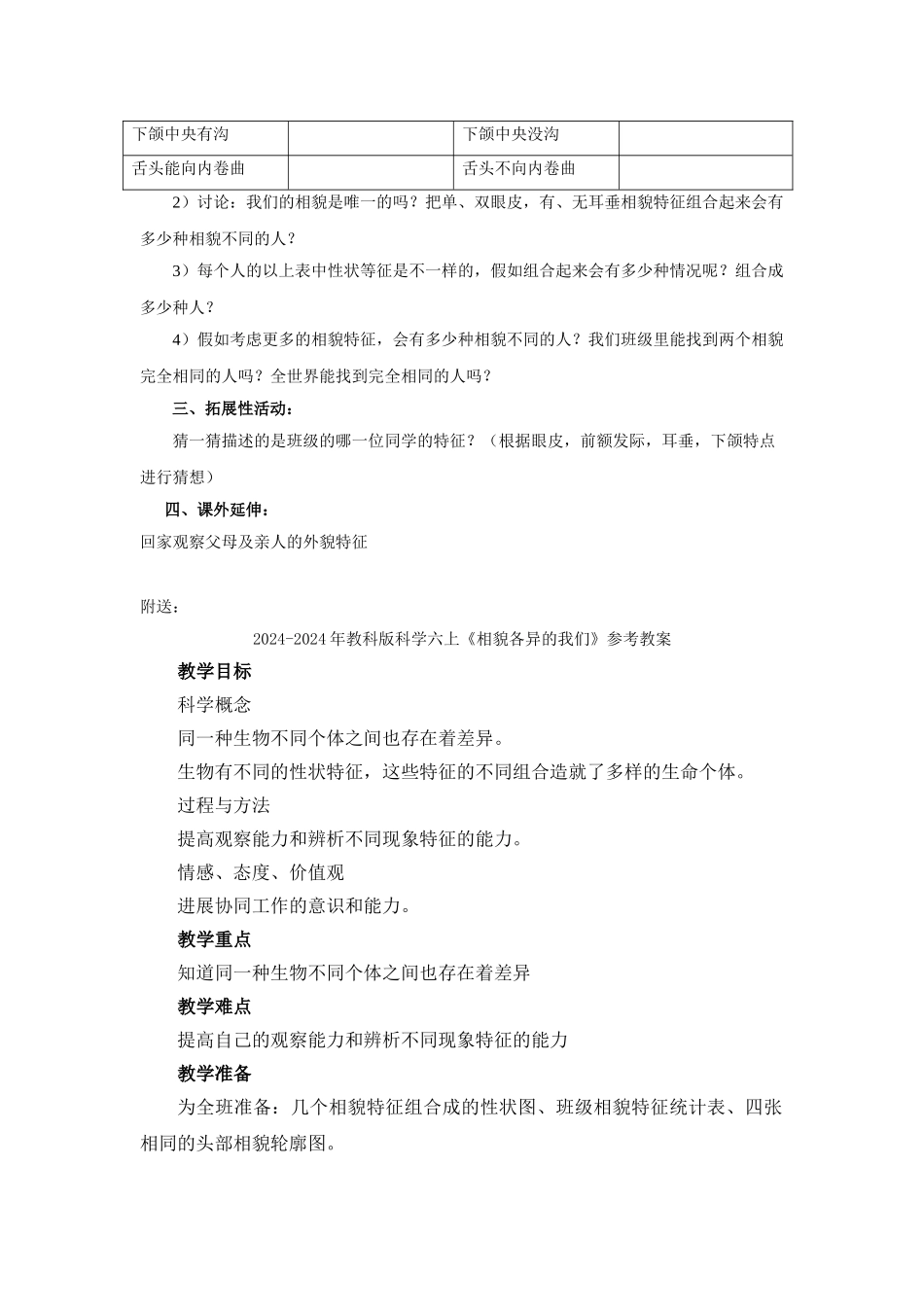 2024-2024年教科版科学六上《相貌各异的我们》word教案_第2页