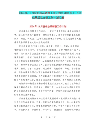2024年11月份化妆品销售工作计划与2024年11月企业基层党支部工作计划汇编