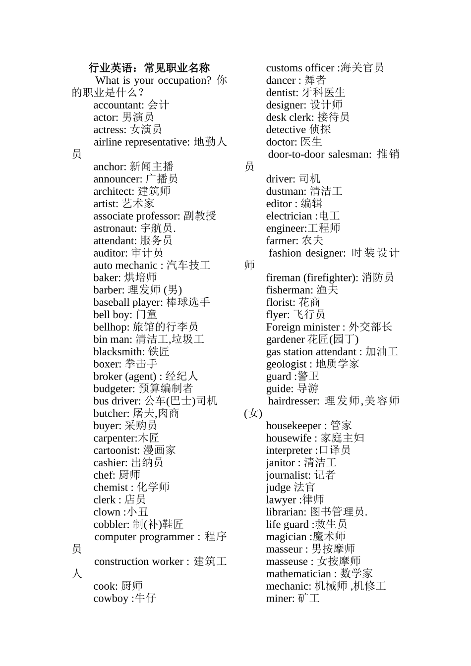 行业英语行业英语：常见职业名称_第1页
