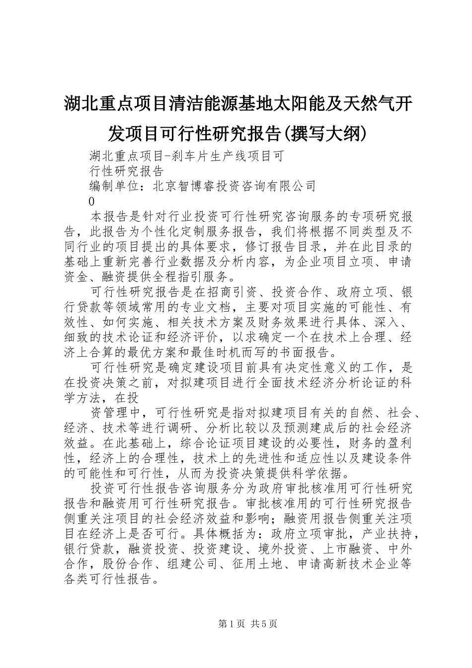 湖北重点项目清洁能源基地太阳能及天然气开发项目可行性研究报告(撰写大纲)_第1页