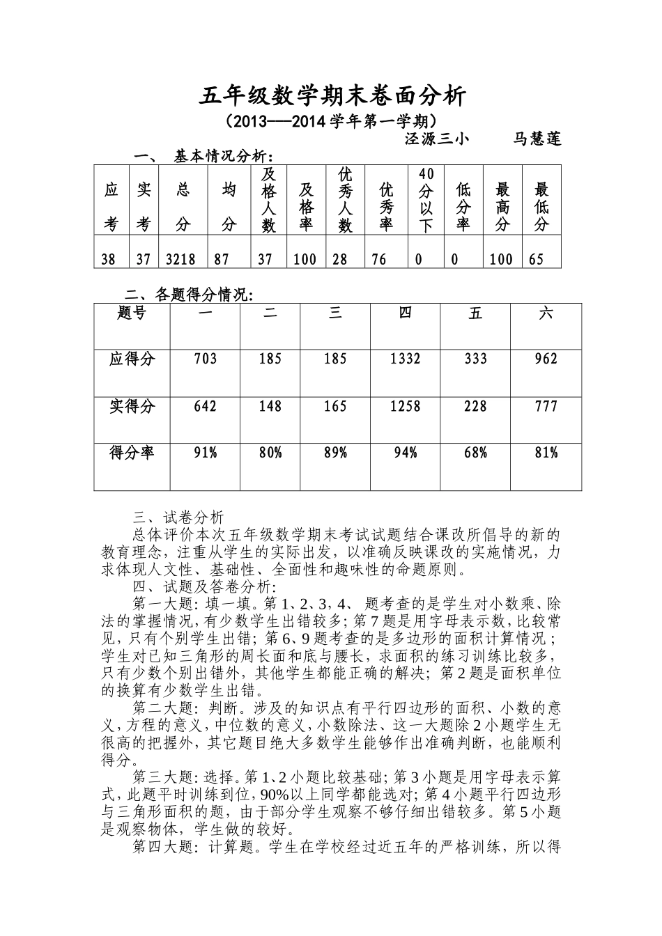 五年级数学期末卷面分析_第1页