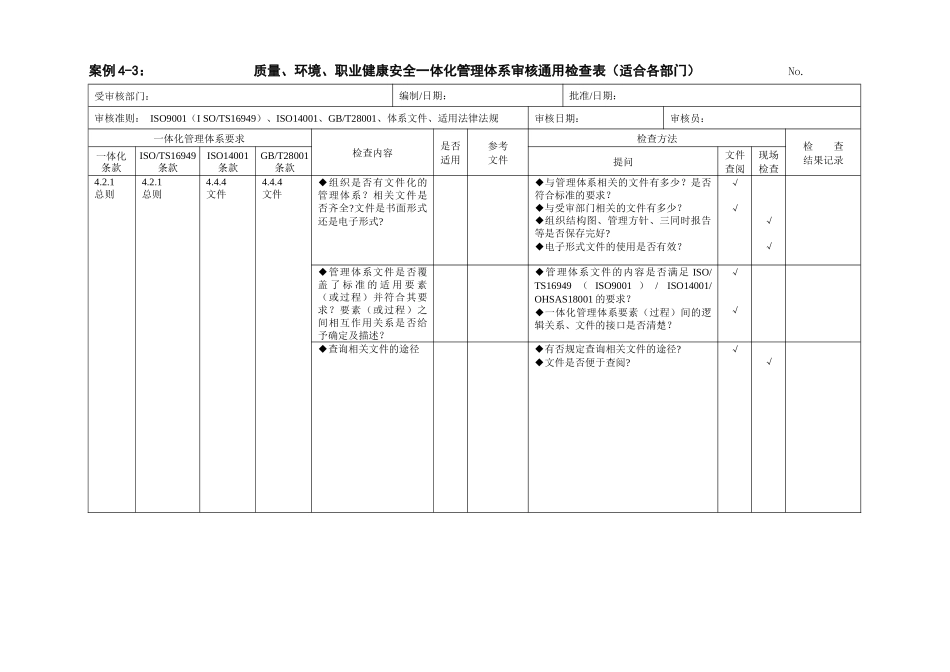 质量、环境、职业健康安全一体化管理体系审核通用检查表(修订WORD版_第1页