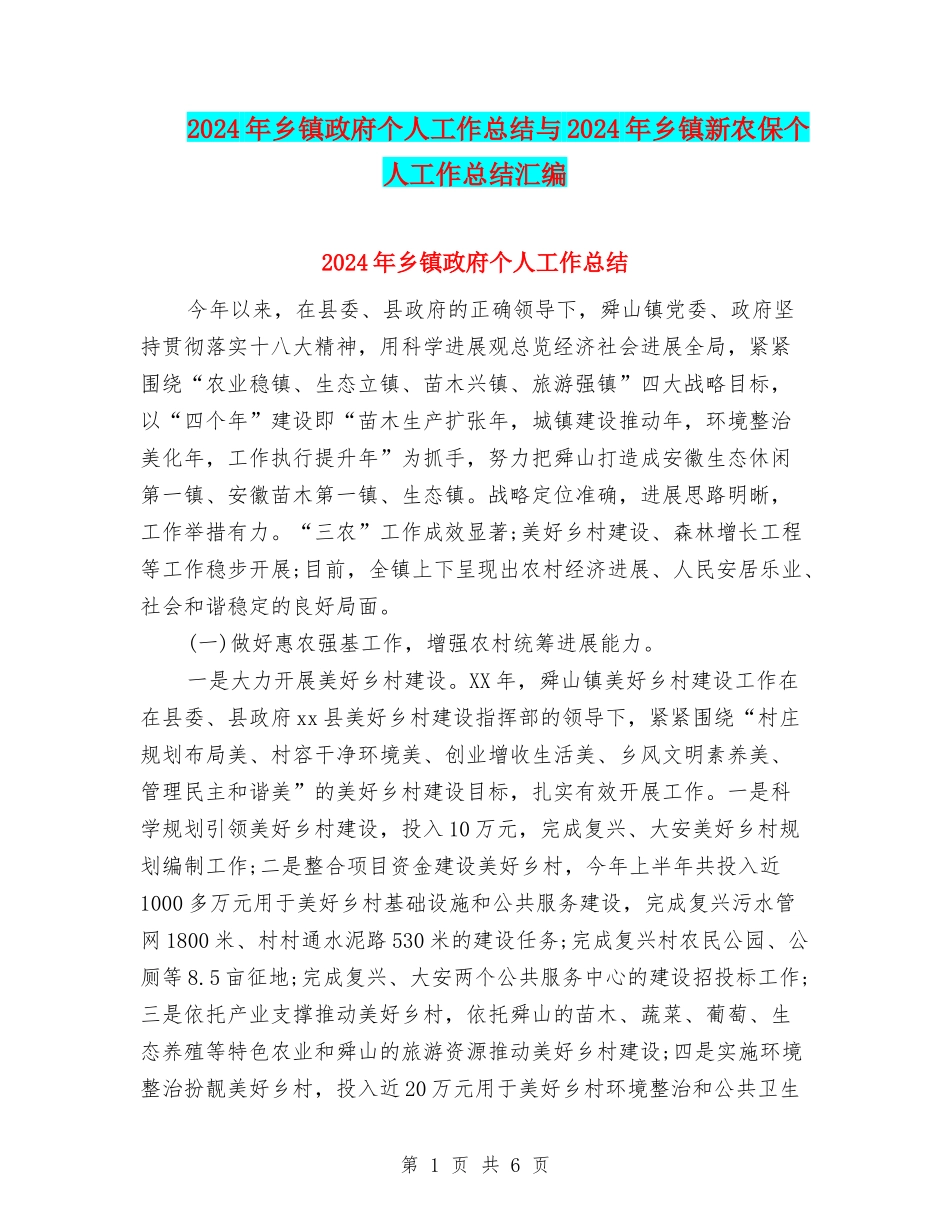 2024年乡镇政府个人工作总结与2024年乡镇新农保个人工作总结汇编_第1页