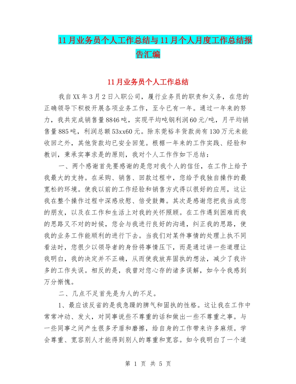 11月业务员个人工作总结与11月个人月度工作总结报告汇编_第1页