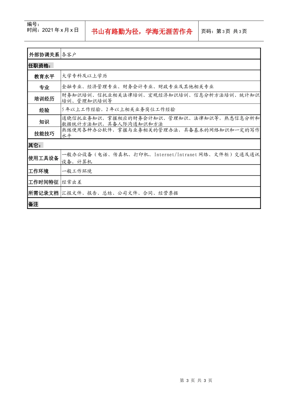 信托投资公司个人信托部地市副经理职务说明书_第3页