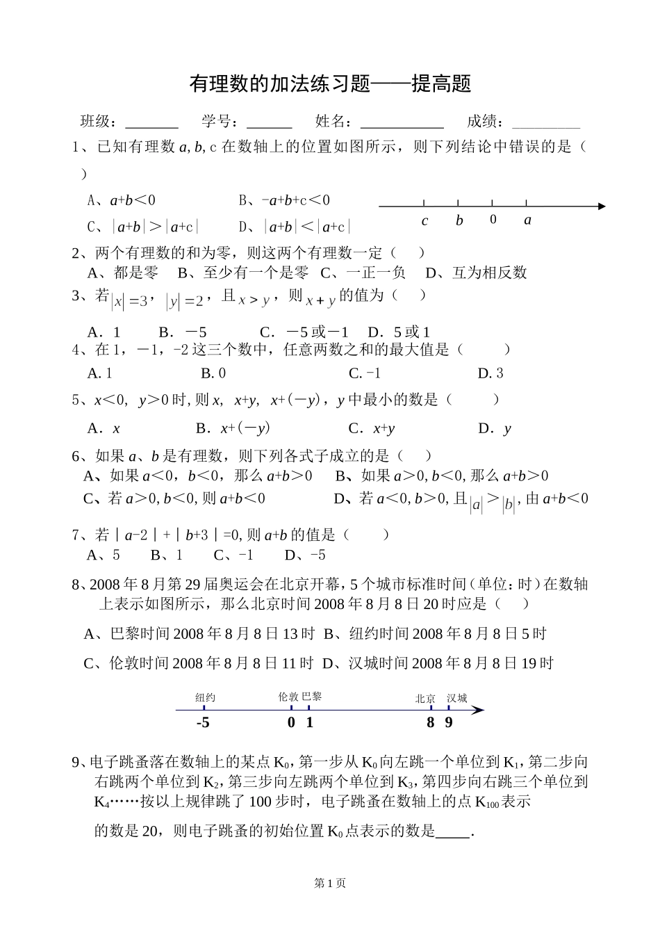有理数的加法(第2课时)提高题练习_第1页