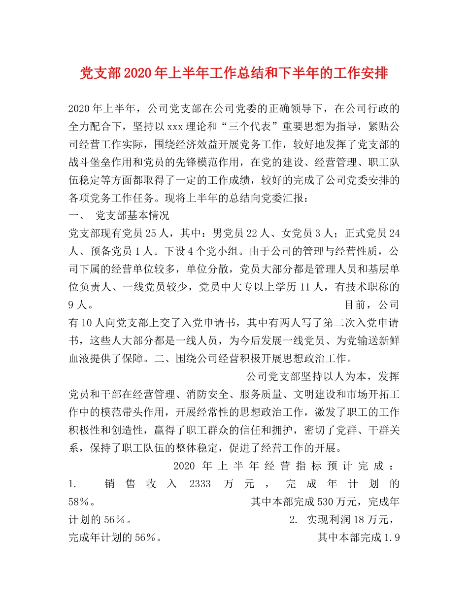 党支部2020年上半年工作总结和下半年的工作安排 _第1页